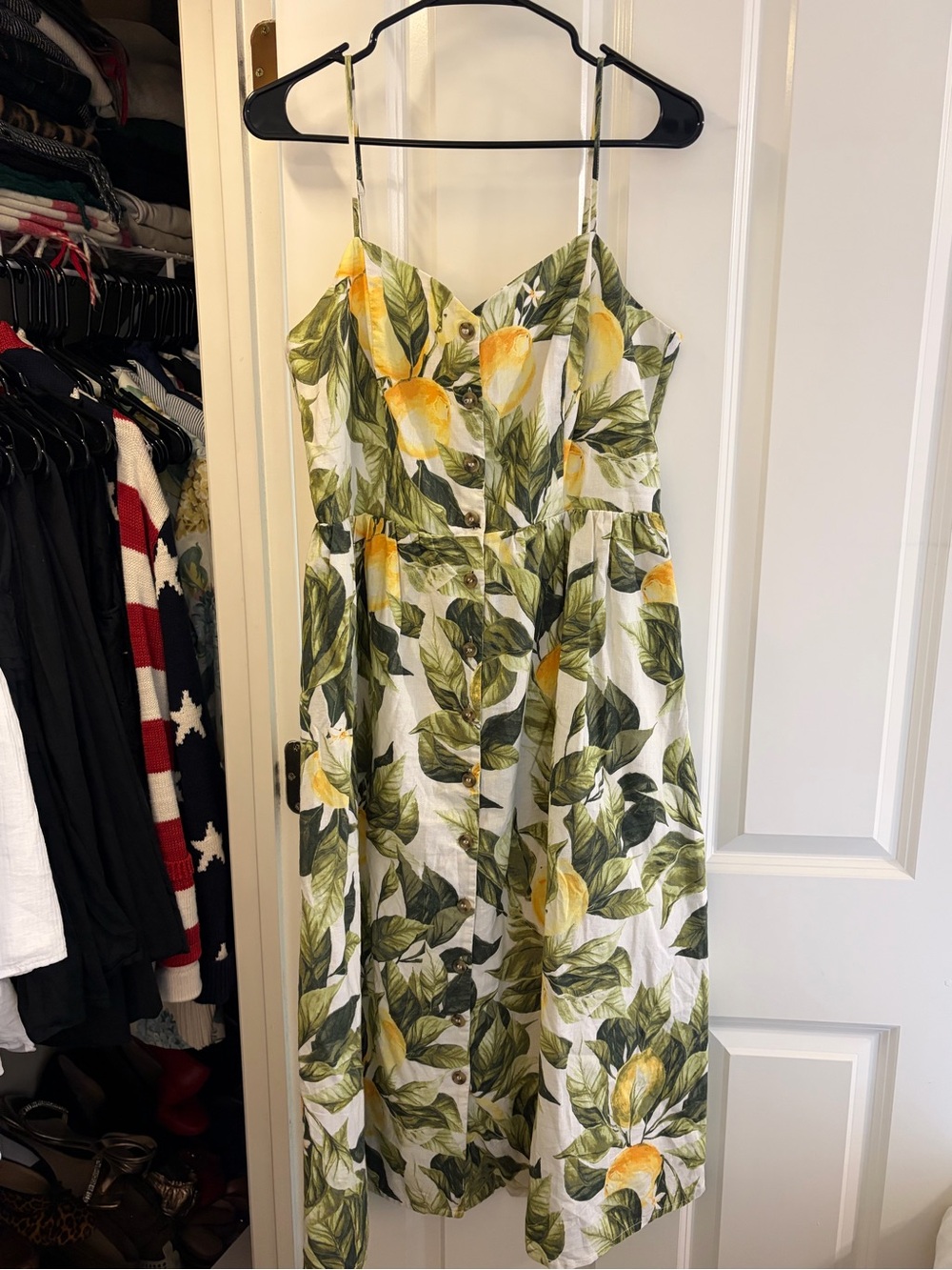 H&M White Linen Blend Lemon-Print Midi Dress with Green Leaves